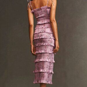 V Chapman Lily Printed Ruched and Ruffled Stretch midi dress